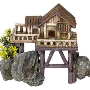 Akvariedekoration - Wooden House med plants