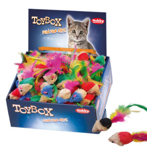 Display 140 stk. - Pelsmus, korthåret m/fjer 5cm